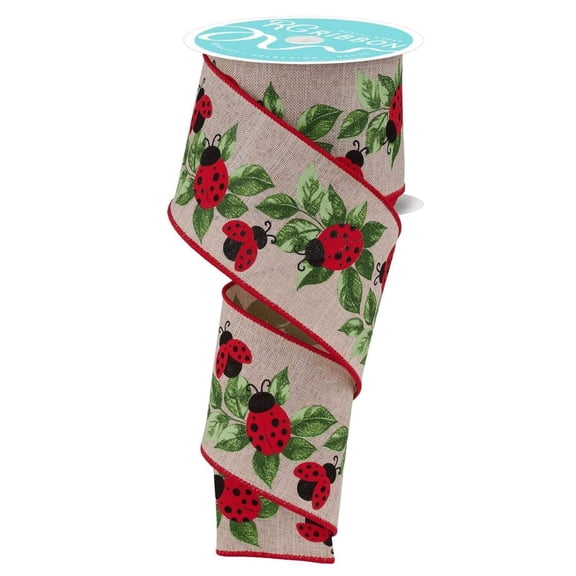 2.5in Ladybug and Leaves Ribbon: Natural (10 Yards)