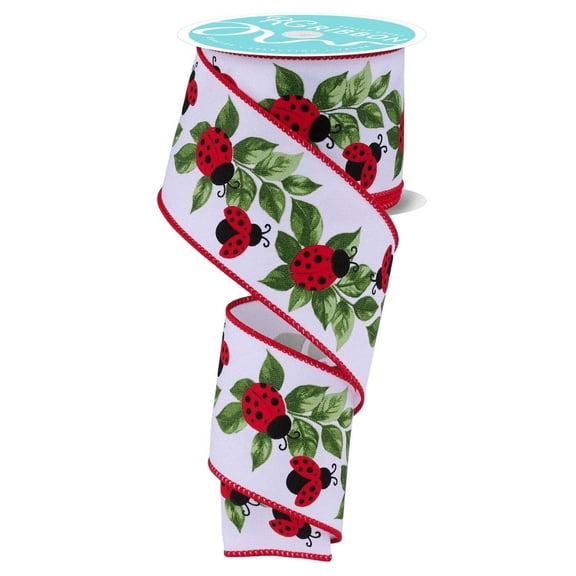 2.5in Ladybug and Leaves Ribbon: White (10 Yards)