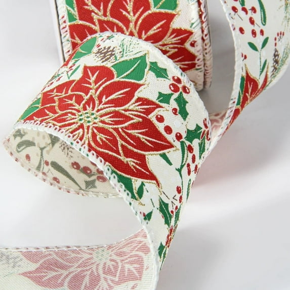 2.5inch*30FT, Christmas Ribbons for Crafting, Xmas Wired Edge Ribbon Red Natural Burlap Ribbon Bow Winter Holiday Flowers Wired Ribbons for Christmas Sewing DIY Crafts Supplies