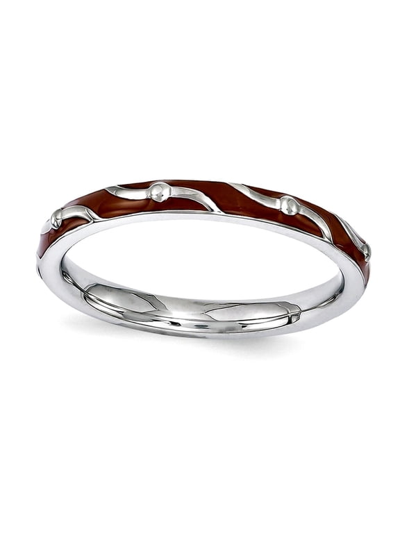 2.5mm 925 Sterling Silver Polished Patterned Stackable Brown Enamel Ring Size 5 Stackable Ring for Women