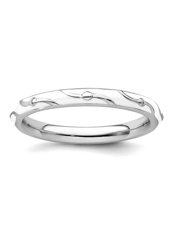 2.5mm 925 Sterling Silver Polished Patterned Stackable White Enamel Ring Size 7 Stackable Ring for Women