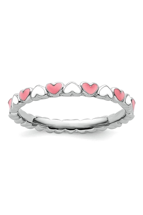 2.5mm 925 Sterling Silver Polished Pink Enamel Stackable Pink and White Enamel Love Heart Ring Size 10 Stackable Ring fo