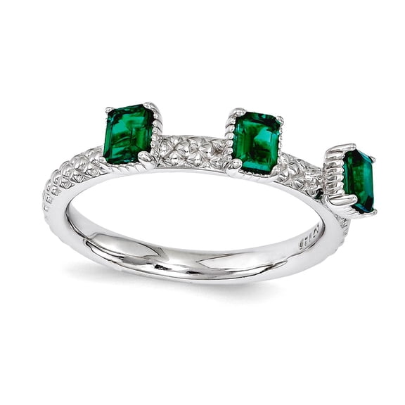 2.5mm 925 Sterling Silver Polished Prong set Stackable Created Emerald Three Stone Ring Size 6 Stackable Ring for Women