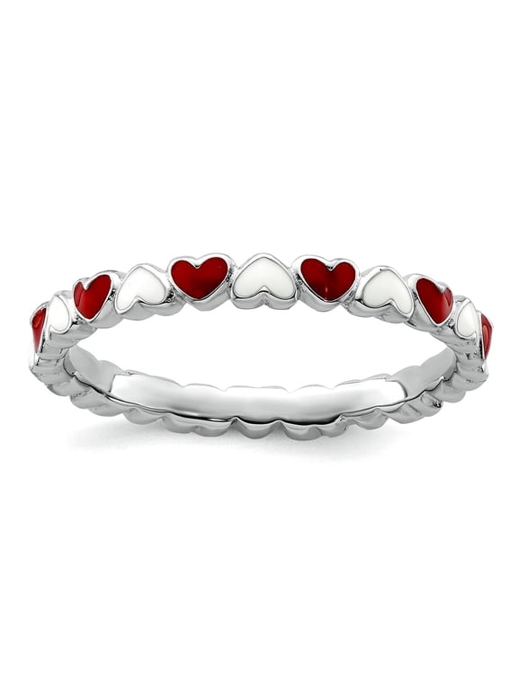 2.5mm 925 Sterling Silver Polished Red Enamel Stackable Red and White Enamel Love Heart Ring Size 6 Stackable Ring for W
