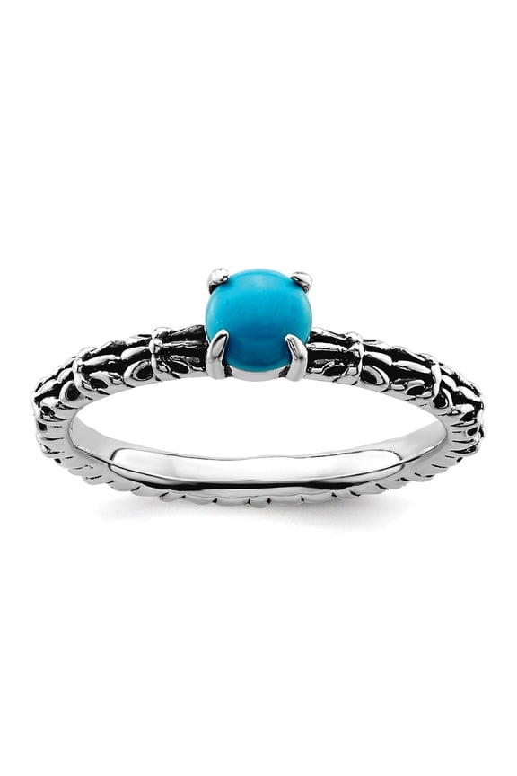 2.5mm 925 Sterling Silver Prong set Oxidized Stackable Antiqued Simulated Turquoise Ring Size 10 Stackable Ring for Wome