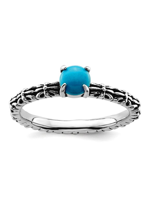 2.5mm 925 Sterling Silver Prong set Oxidized Stackable Antiqued Simulated Turquoise Ring Size 10 Stackable Ring for Wome