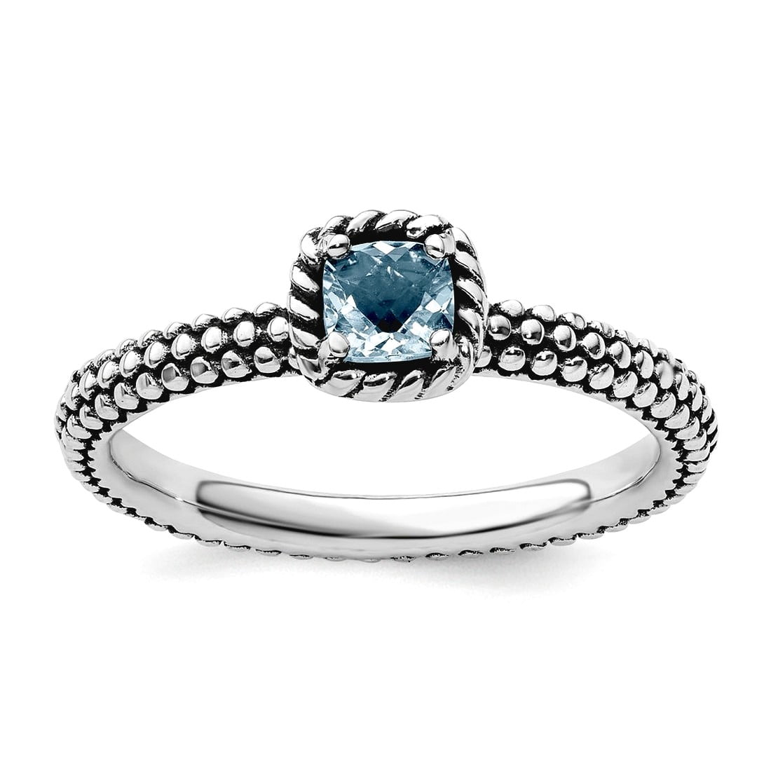 2.5mm 925 Sterling Silver Prong set Oxidized Stackable Checker-cut Aquamarine Antiqued Ring Size 9 Stackable Ring for Wo
