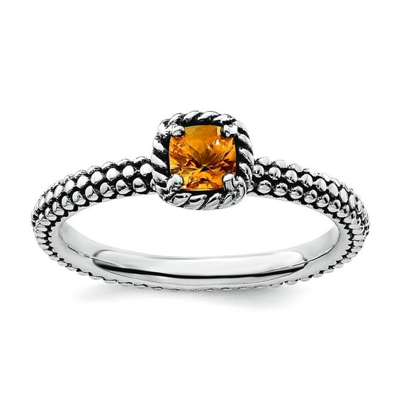 2.5mm 925 Sterling Silver Prong set Oxidized Stackable Checker-cut Citrine Antiqued Ring Size 9 Stackable Ring for Women