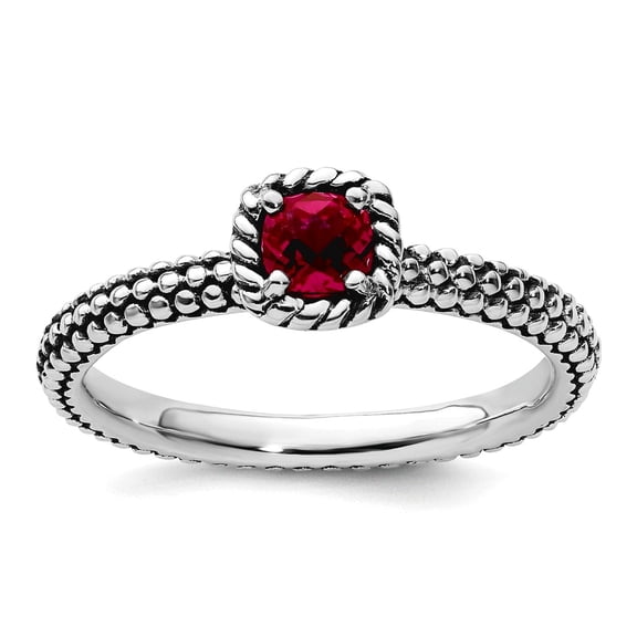 2.5mm 925 Sterling Silver Prong set Oxidized Stackable Checker-cut Cr Ruby Antiqued Ring Size 7 Stackable Ring for Women