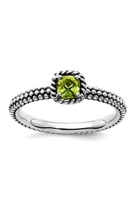 2.5mm 925 Sterling Silver Prong set Oxidized Stackable Checker-cut Peridot Antiqued Ring Size 5 Stackable Ring for Women