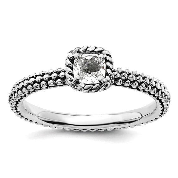 2.5mm 925 Sterling Silver Prong set Oxidized Stackable Checker-cut White Topaz Antiqued Ring Size 7 Stackable Ring for W