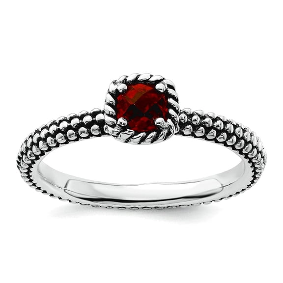 2.5mm 925 Sterling Silver Prong set Oxidized Stackable Checker-cut Garnet Antiqued Ring Size 7 Stackable Ring for Women
