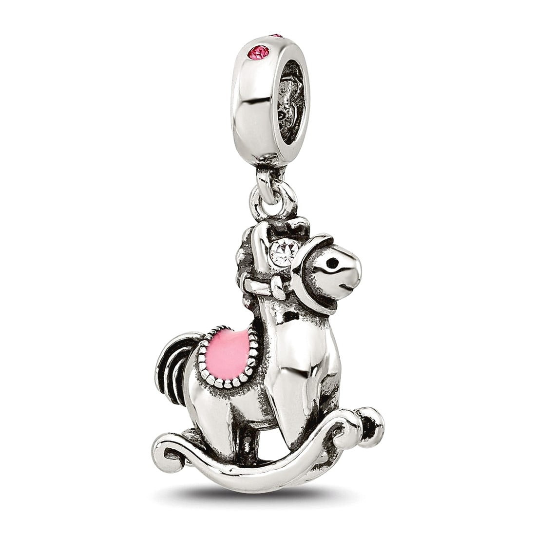JEWELRYWEB 2.5mm 925 Sterling Silver Reflections Cubic Zirconia and Enamel Rocking Horse Lob Clasp Bead Charm Pendant Necklace for