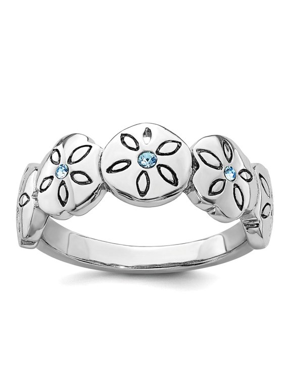 2.5mm 925 Sterling Silver Rhodium Plated Polished Blue Crystal 5 Sand Dollar Ring Size 9 Ring for Women