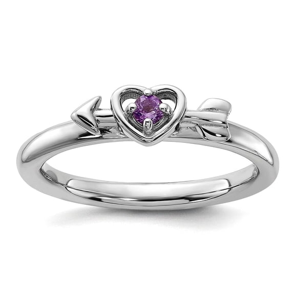 2.5mm 925 Sterling Silver Stackable Rhodium Plated Amethyst Love Heart Arrow Ring Size 5 Stackable Ring for Women