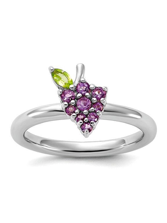 2.5mm 925 Sterling Silver Stackable Rhodium Plated Amethyst Peridot Grapes Ring Size 6 Stackable Ring for Women