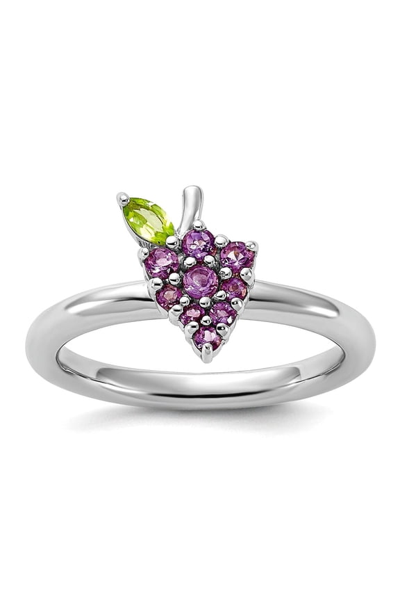 2.5mm 925 Sterling Silver Stackable Rhodium Plated Amethyst Peridot Grapes Ring Size 6 Stackable Ring for Women