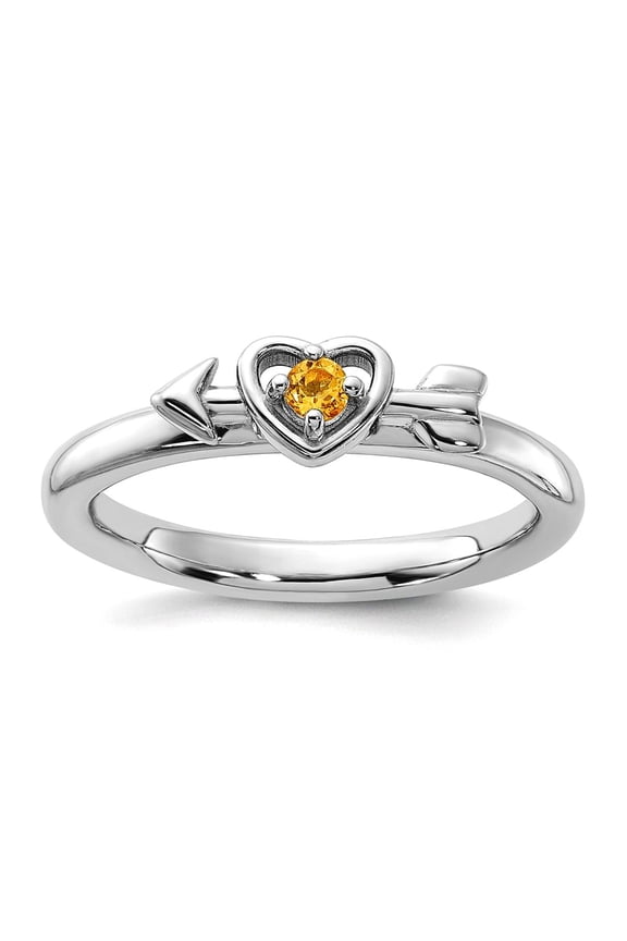 2.5mm 925 Sterling Silver Stackable Rhodium Plated Citrine Love Heart Arrow Ring Size 5 Stackable Ring for Women