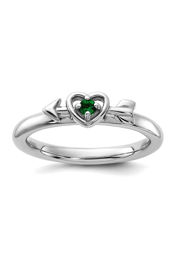 2.5mm 925 Sterling Silver Stackable Rhodium Plated Created Emerald Love Heart Arrow Ring Size 7 Stackable Ring for Women