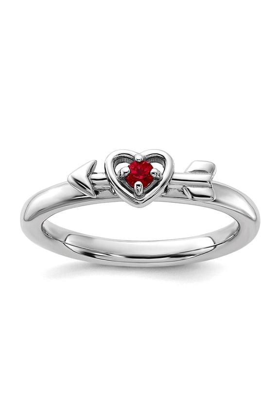 2.5mm 925 Sterling Silver Stackable Rhodium Plated Created Ruby Love Heart Arrow Ring Size 7 Stackable Ring for Women