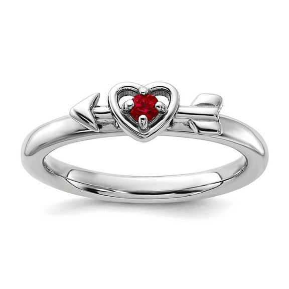 2.5mm 925 Sterling Silver Stackable Rhodium Plated Created Ruby Love Heart Arrow Ring Size 9 Stackable Ring for Women