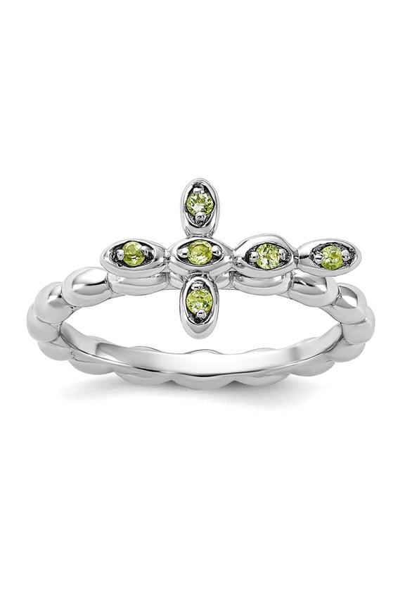 2.5mm 925 Sterling Silver Stackable Rhodium Plated Peridot Religious Faith Cross Ring Size 7 Stackable Ring for Women