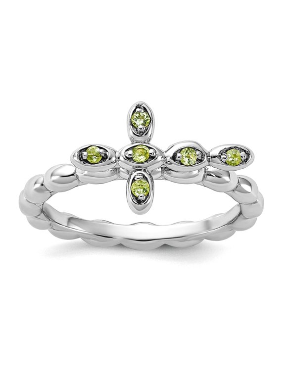 2.5mm 925 Sterling Silver Stackable Rhodium Plated Peridot Religious Faith Cross Ring Size 9 Stackable Ring for Women
