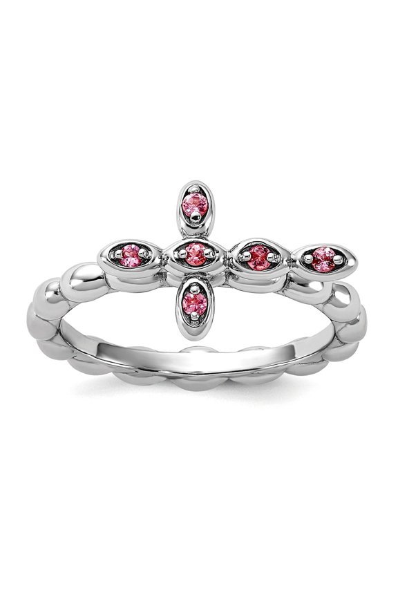 2.5mm 925 Sterling Silver Stackable Rhodium Plated Pink Tourmaline Religious Faith Cross Ring Size 6 Stackable Ring for