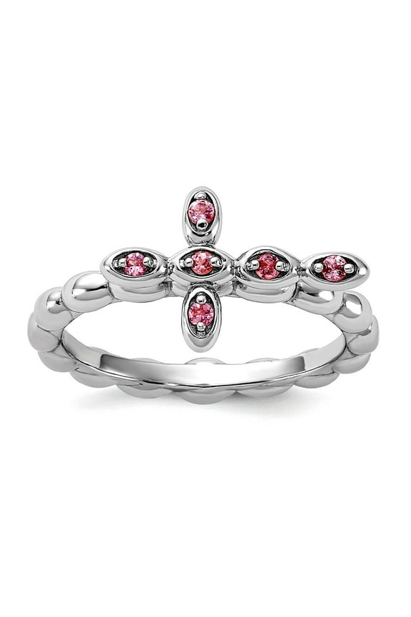 2.5mm 925 Sterling Silver Stackable Rhodium Plated Pink Tourmaline Religious Faith Cross Ring Size 9 Stackable Ring for