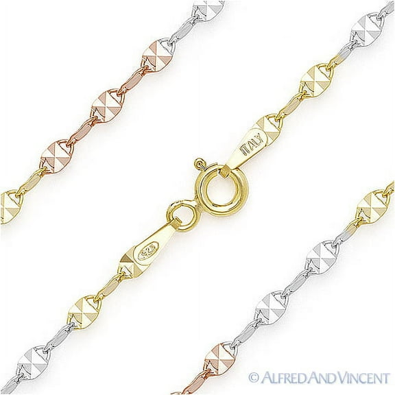 2.5mm Faceted Marina / Mariner Link Italian Chain Necklace in 3-Tone .925 Sterling Silver w/ 14 RG, 14k YG, & Rhodium