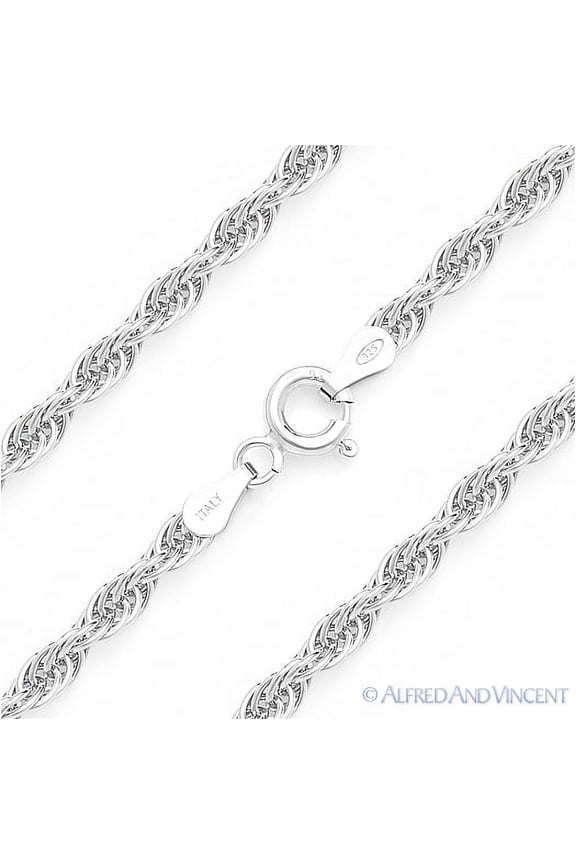 2.5mm French-Rope Link Italian Twist Chain Necklace in .925 Sterling Silver w/ Rhodium