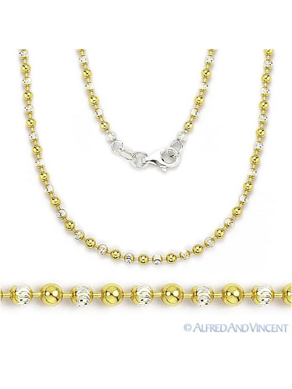 2.5mm Moon Cut & Round Ball Link Chain Necklace in .925 Sterling Silver w/ 14k & Rhodium