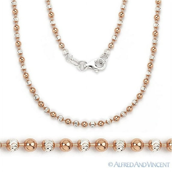 2.5mm Polished & Pave Ball Bead Chain Necklace in .925 Sterling Silver w/ 14k Rose Gold