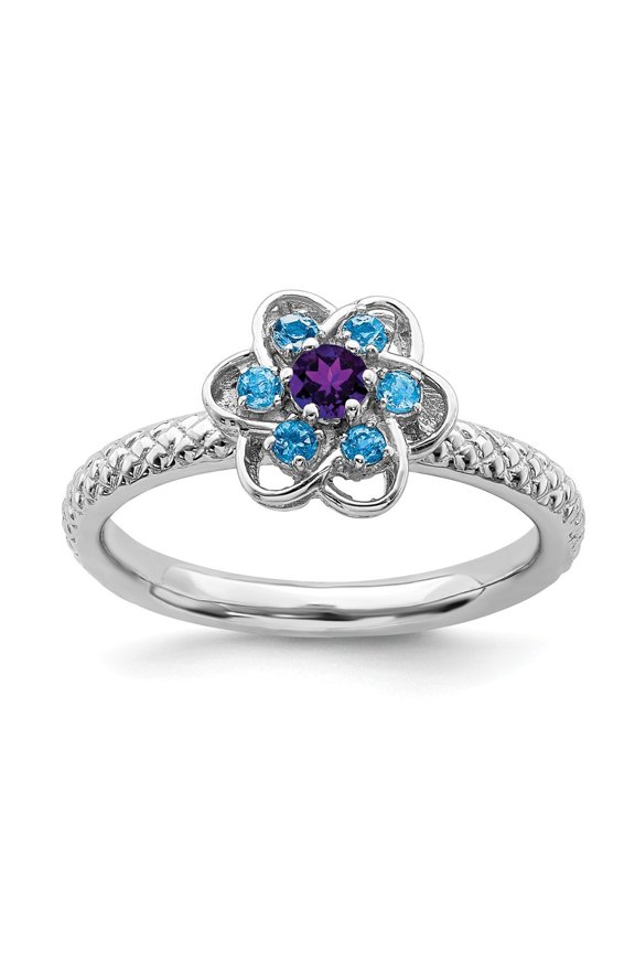 2.5mm Sterling Silver Amethyst and Blue Topaz Stackable Ring - Size 7