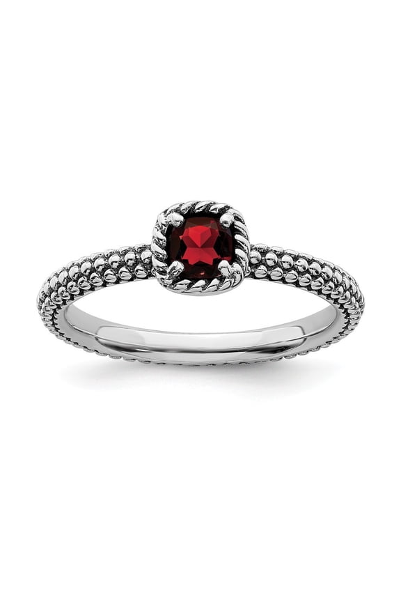 2.5mm Sterling Silver Stackable Checker-cut Garnet Antiqued Ring - Size 9