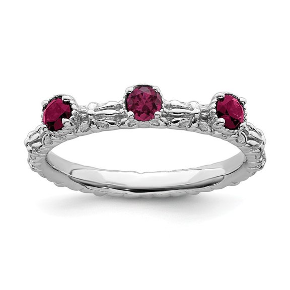 2.5mm Sterling Silver Stackable Created Ruby Three Stone Ring - .48 cwt - Size 6