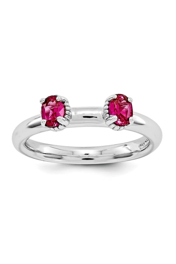 2.5mm Sterling Silver Stackable Created Ruby Two Stone Ring - .50 cwt - Size 8