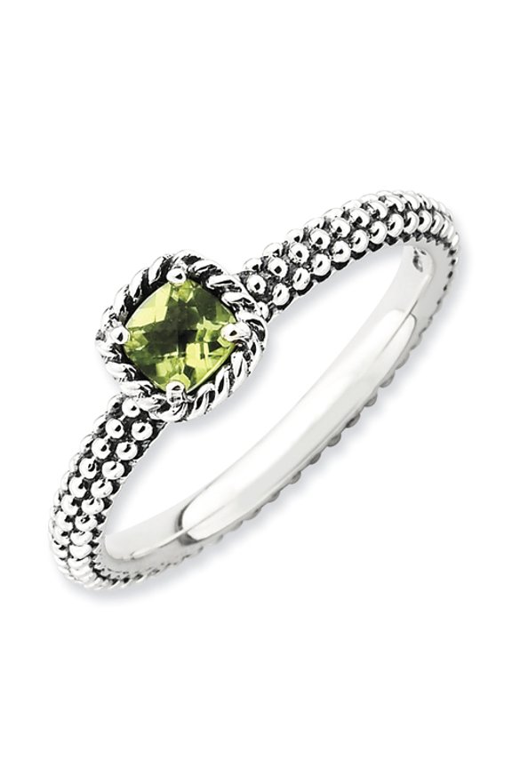 2.5mm Sterling Silver Stackable Expressions Checker-cut Peridot Antiqued Ring - Ring Size: 5 to 10