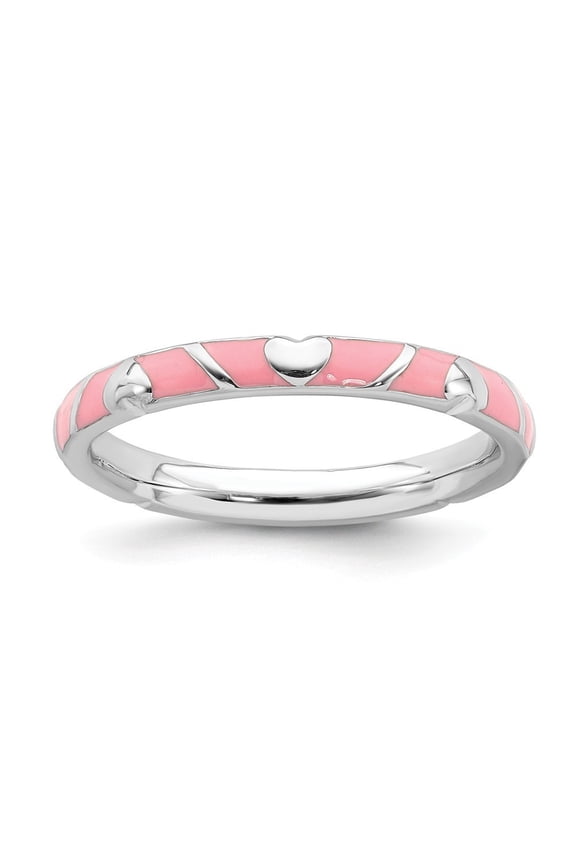 2.5mm Sterling Silver Stackable Pink Enamel Heart Ring - 2.2 Grams - Size 9