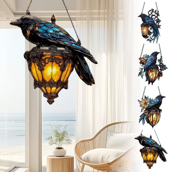 2.5mm Thick Gothic Crow Hanging Ornament - 5.9in(15cm) 2D Sun-Catching Decor, Black Crow Pendant for Home & Garden, Gothic Style Decoration, Durable Acrylic Craft, C
