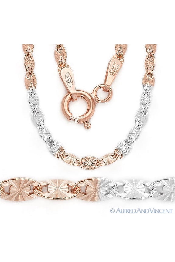 2.5mm Valentino Link Italian Chain Necklace in 2-Tone .925 Sterling Silver w/ 14k RG & Rhodium