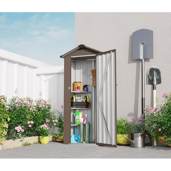 2.5x1.4 FT Outdoor Storage Shed, Tool Shed with Waterproof Roof and Lockable Door,Metal Shed with Adjustable Open Shelves for Backyard Garden Patio Lawn,Brown