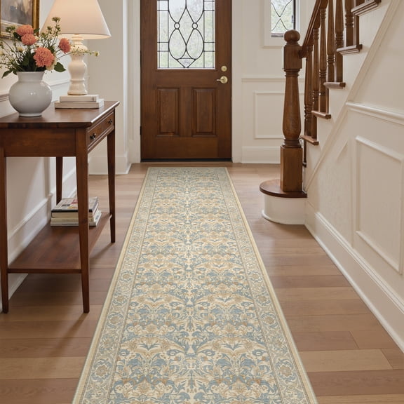 DEORAB 2.5x10 Runner Rugs Modern Art Persian Vines Dusty Blue Low Pile Lightweight Indoor Machine Washable Non Slip Print Rug for Hallway, Laundry Room, Bedroom, Bathroom