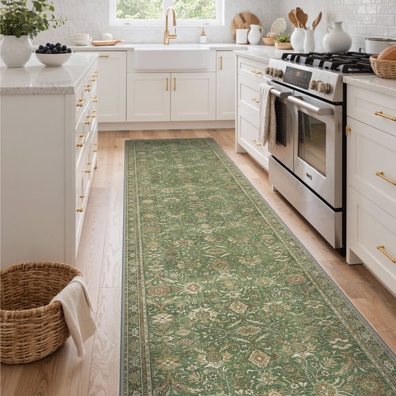 DEORAB 2.5x10 Runner Rugs Persian Olive Green Low Pile Lightweight Machine Washable Non Slip Rug for Hallway, Kitchen, Laundry Room, Bedroom, Bathroom, Entryway