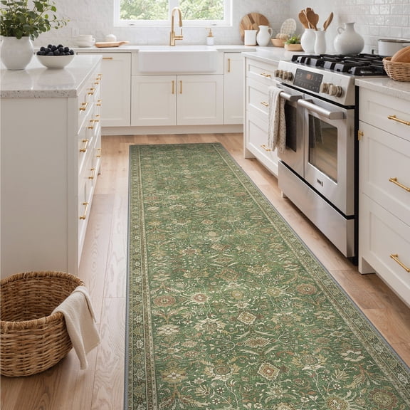 DEORAB 2.5x10 Runner Rugs Persian Olive Green Low Pile Lightweight Machine Washable Non Slip Rug for Hallway, Kitchen, Laundry Room, Bedroom, Bathroom, Entryway