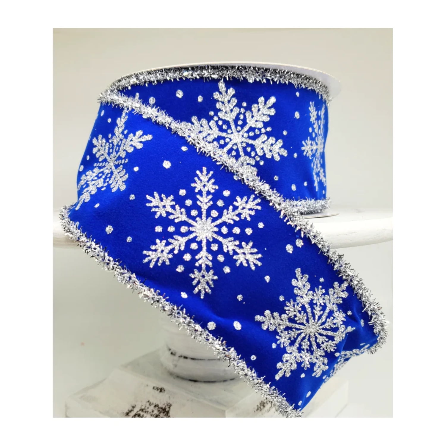 2.5x10 Yard Royal Blue Silver Snowflake Ribbon Velvet Tinsel Glitter
