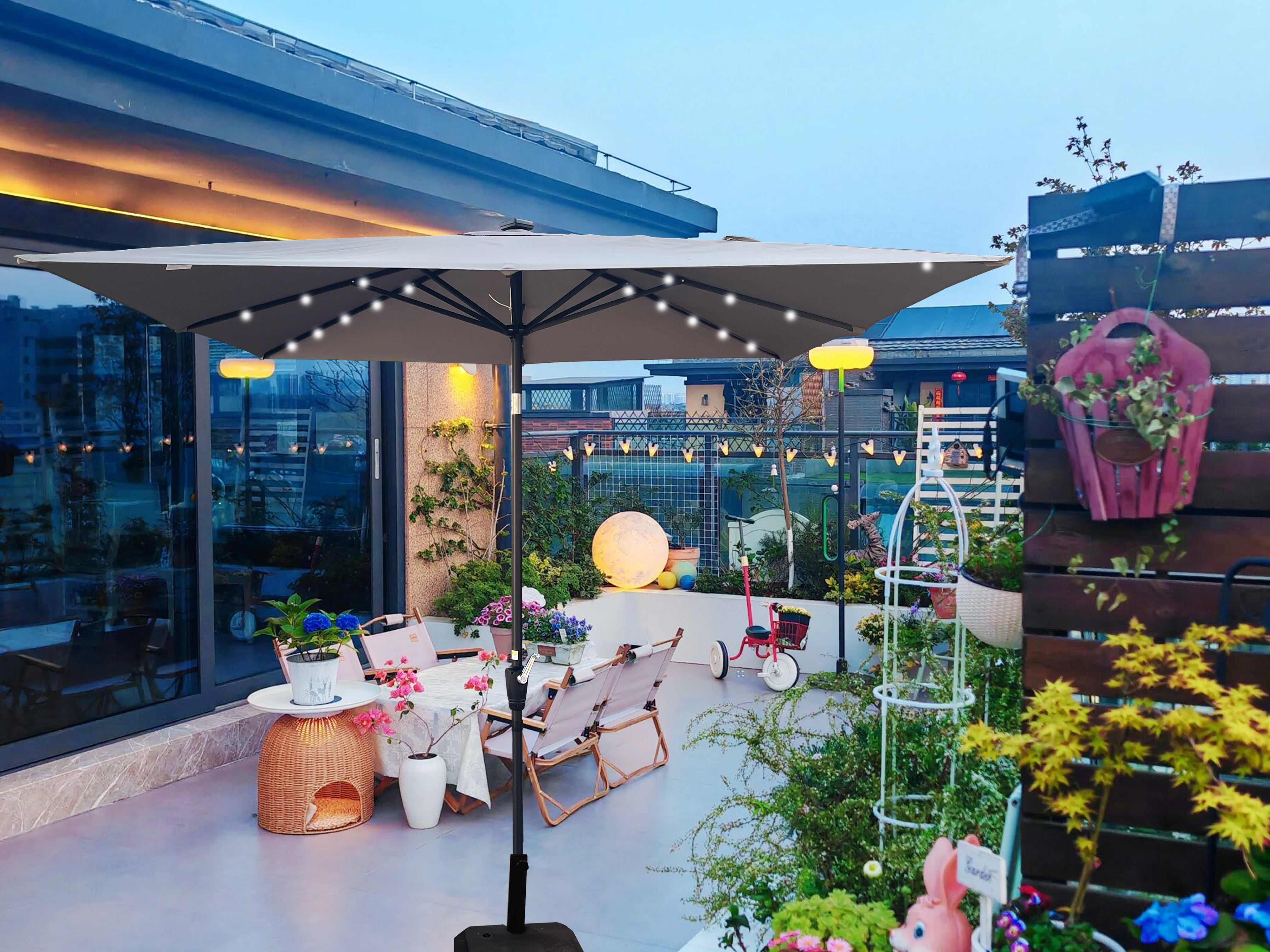 2.5x2.5M Square Outdoor Patio Umbrella, Solar LED Lighted Sun Shade Canopy with 8 Ribs & Crank Base, Light Slate Grey