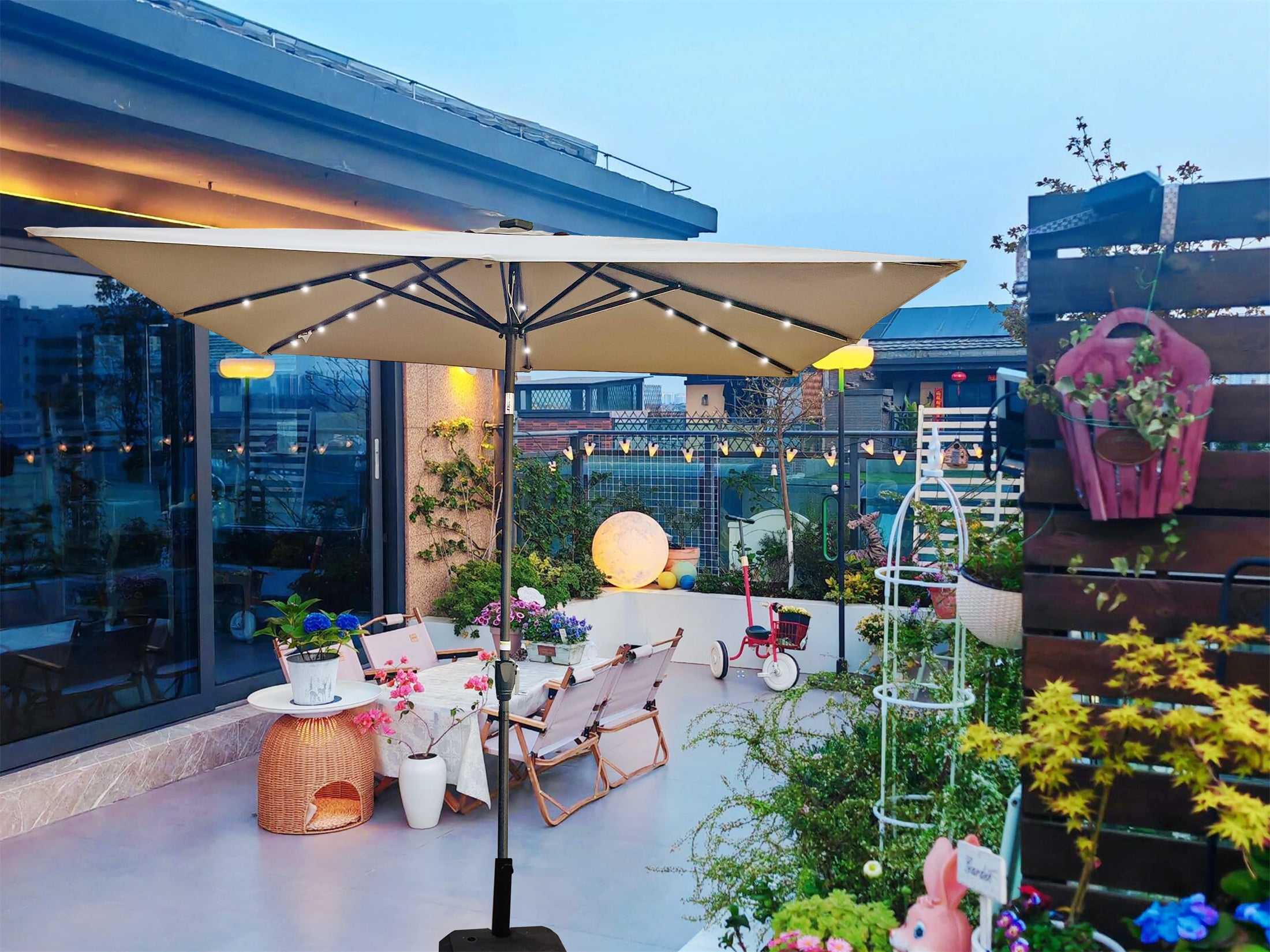 2.5x2.5M Square Outdoor Patio Umbrella, Solar LED Lighted Sun Shade Canopy with 8 Ribs & Crank Base, Mushroom