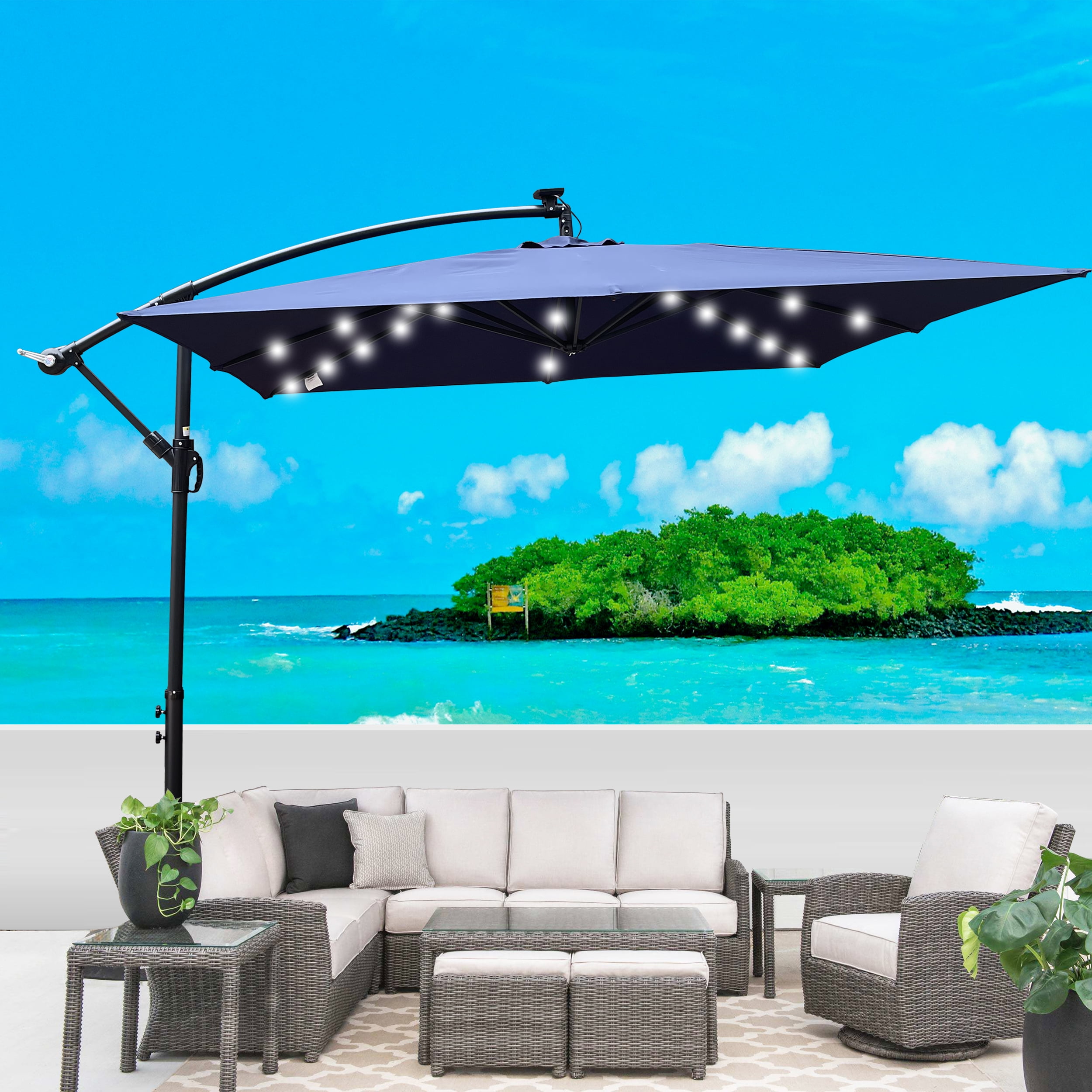 2.5x2.5M Square Outdoor Patio Umbrella, Solar LED Lighted Sun Shade Canopy with 8 Ribs & Crank Base, Navy Blue
