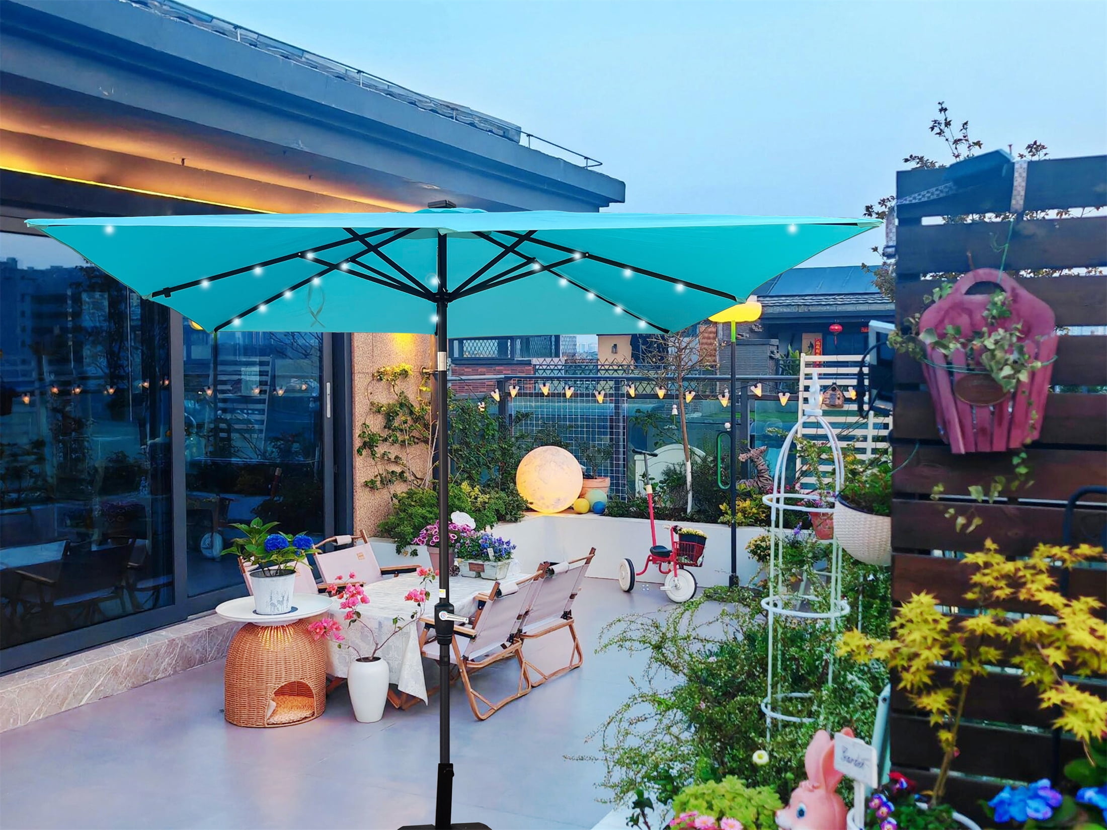 2.5x2.5M Square Outdoor Patio Umbrella, Solar LED Lighted Sun Shade Canopy with 8 Ribs & Crank Base, Turquoise